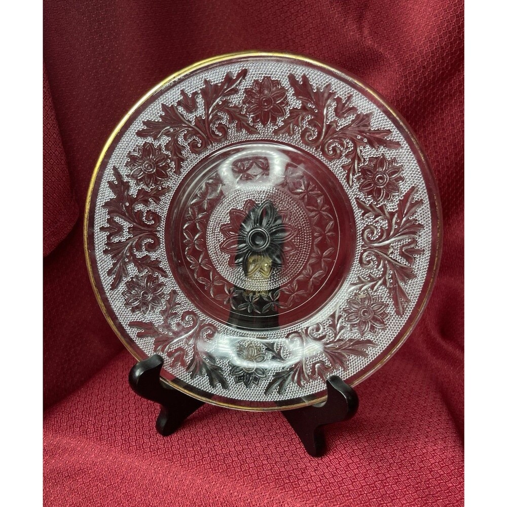 Set of 6 Clear Pressed Glass Floral Plates w/ Gold Rim Round 7 in